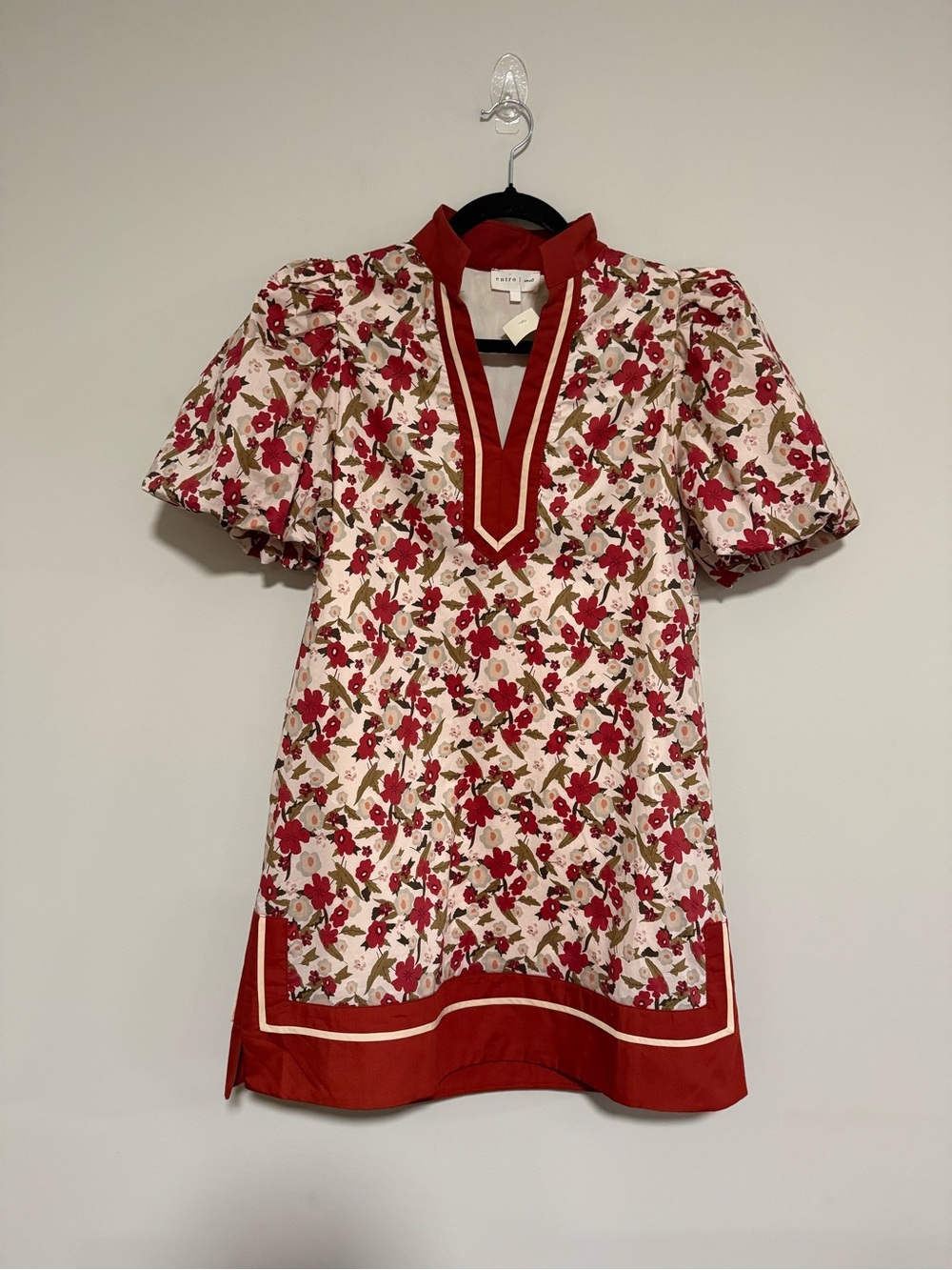 ENTRO Floral Rust Red Trim Puff Sleeve Tunic Dress Size Small NWT